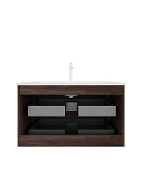 Sillysis 36 Inch Wall Mounted Bathroom Vanity with Integrated Ceramic Sink, Double Drawer Storage, Modern Floating Plywood Cabinet