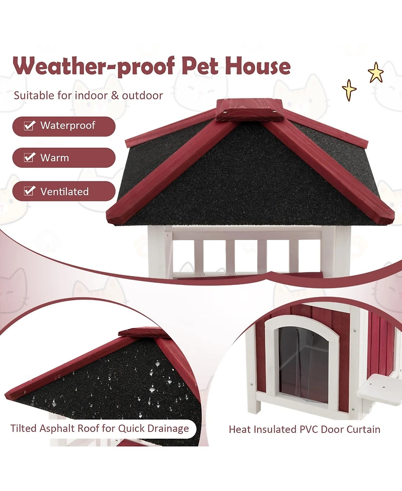Cozito Cat House 2-Story Wooden with Asphalt Roof and Balcony