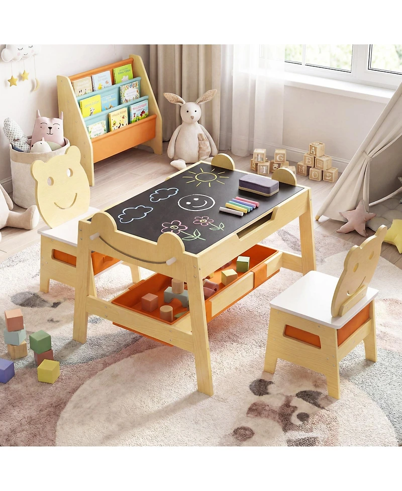 Sugift 5-in-1 Toddler Table and 2 Chairs Cute Art Desk Set with Reversible Chalkboard