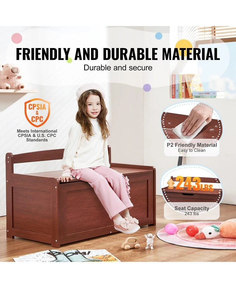 Sugift Wooden Toy Chest for Kids, with Safety Hinge, Cherry