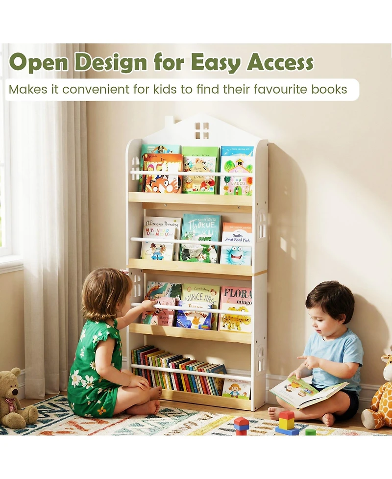 Sugift House-Shaped Kids Bookshelf with Anti-falling Baffles