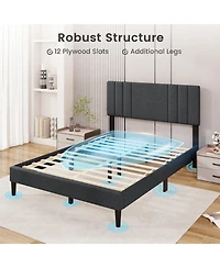 Sugift Bed Frame with Vertical Channel Tufted Headboard and Wooden Slats