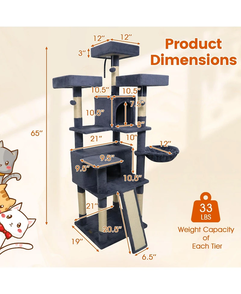 Cozito Cat Tree 65 inch with 3 Plush Perches and 2 Condos