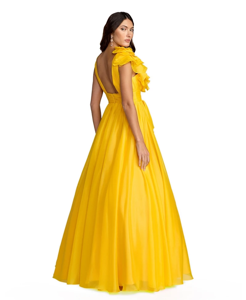 Women's One-Shoulder Ruffle Ball Gown with Plunging V-Neck