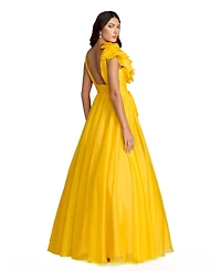 Women's One-Shoulder Ruffle Ball Gown with Plunging V-Neck