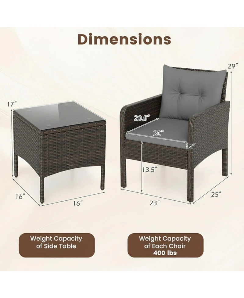 Gouun 3-Piece Compact Pe Wicker Patio Set with Cushions for Porch and Balcony