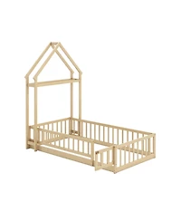 Gouun Twin House Floor Bed with House-Shaped Headboard