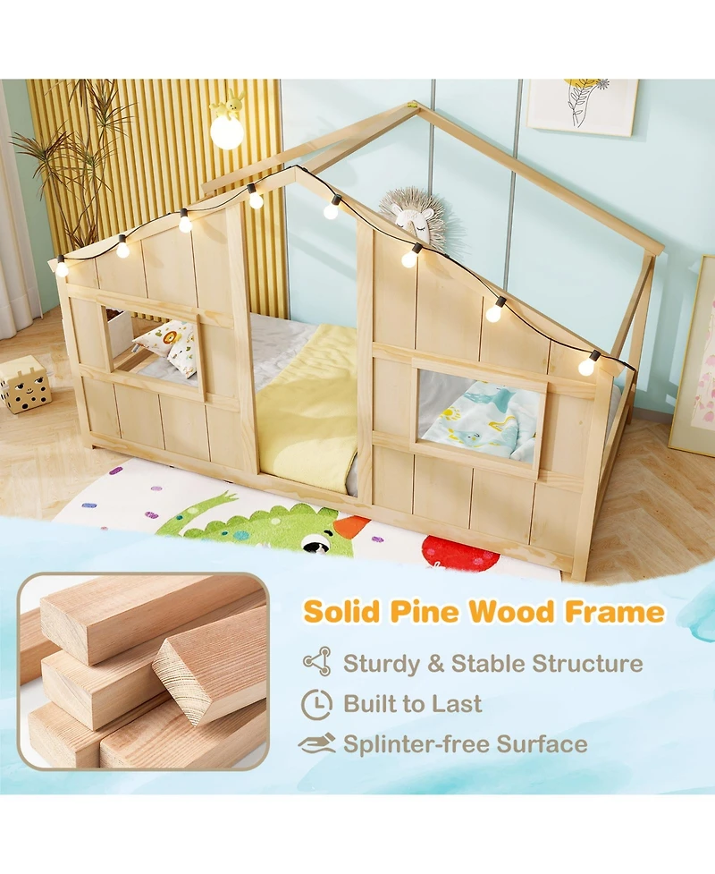 Sugift Twin Size House Bed with Led Lights Montessori Slat-free Floor Bed