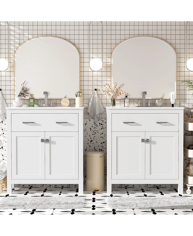 Sillysis 60 Inch Double Sink Bathroom Vanity with Ceramic Sinks, Solid Wood Frame, Flip-Out Drawer and Adjustable Shelf