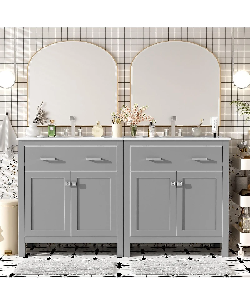 Sillysis 60 Inch Double Sink Bathroom Vanity with Ceramic Sinks, Solid Wood Frame, Flip-Out Drawer and Adjustable Shelf