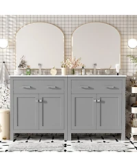 Sillysis 60 Inch Double Sink Bathroom Vanity with Ceramic Sinks, Solid Wood Frame, Flip-Out Drawer and Adjustable Shelf