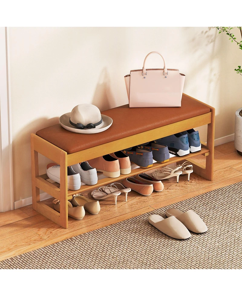 Gouun 2-Tier Rubberwood Shoe Bench with Flip-Open Storage