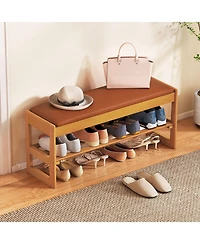 Gouun 2-Tier Rubberwood Shoe Bench with Flip-Open Storage