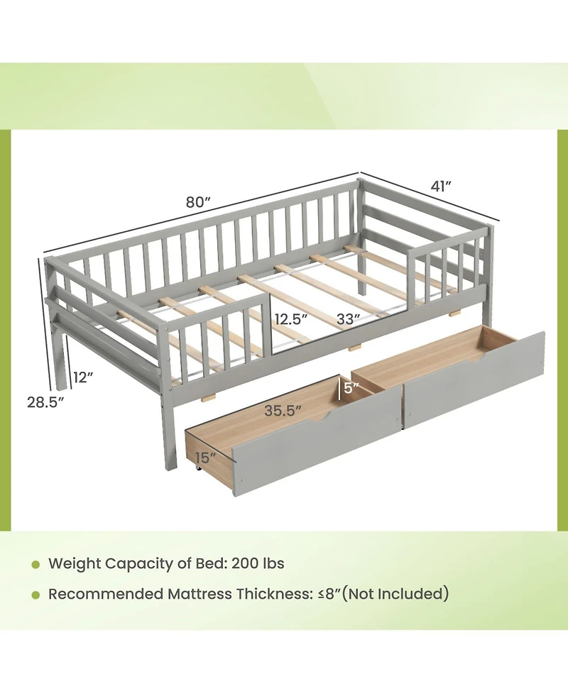 Sugift Twin Daybed with Fence and 2 Drawers Kids Bed for Boys and Girls