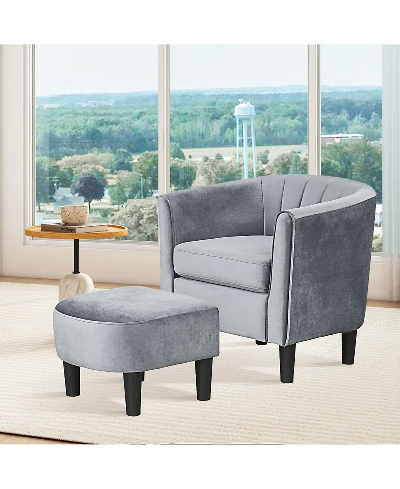 Sugift Upholstered Teddy Velvet Club Barrel Chair with Ottoman with Footrest
