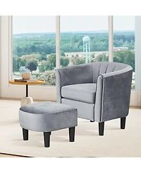 Sugift Upholstered Teddy Velvet Club Barrel Chair with Ottoman with Footrest