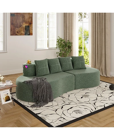 Rainsken Chenille Fabric Half Moon Sofa, 3-Seater Modern Curved Modular Sectional with Cup Holders and Side Pockets for Household Decor