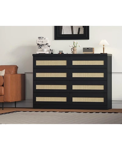 gaomon Bedroom 47.24 Inch 8 Drawer Rattan Dresser, Wooden Chest of Drawers with Farmhouse Storage
