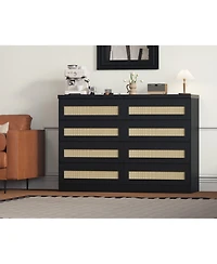 gaomon Bedroom 47.24 Inch 8 Drawer Rattan Dresser, Wooden Chest of Drawers with Farmhouse Storage