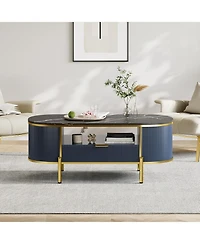 gaomon 48 in Oval Coffee Table, Modern Luxury Coffee Table with Curved Profile Design, Fluted Center Table with Faux Marble Top and Gold Metal Decor