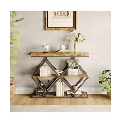 gaomon 3-Tier Industrial Entryway Table with Diamond-Shaped Metal Frame, Open Shelf Console Sofa Table for Living Room, Hallway, Foyer Storage
