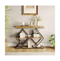gaomon 3-Tier Industrial Entryway Table with Diamond-Shaped Metal Frame, Open Shelf Console Sofa Table for Living Room, Hallway, Foyer Storage