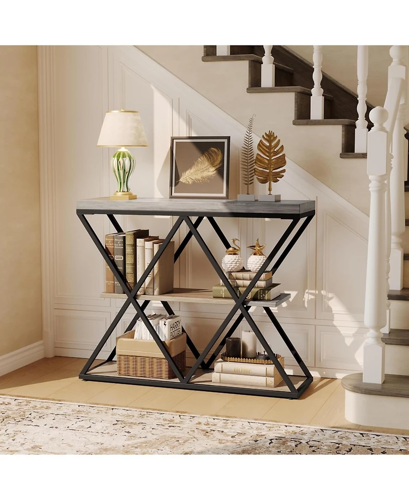 gaomon 39" Entryway Table - 3 Tier Narrow Console Sofa Table with Storage Shelf, X-Shaped Metal Frame, Industrial Accent Tables