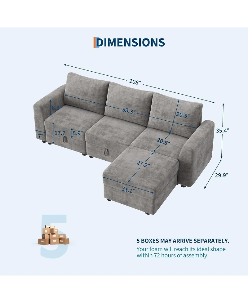 gaomon L-Shape Sectional Sofa with Storage, 108" Modular Couch, 4-Seater Bed Ottoman, Chenille Fabric Hidden Storage for Small Spaces