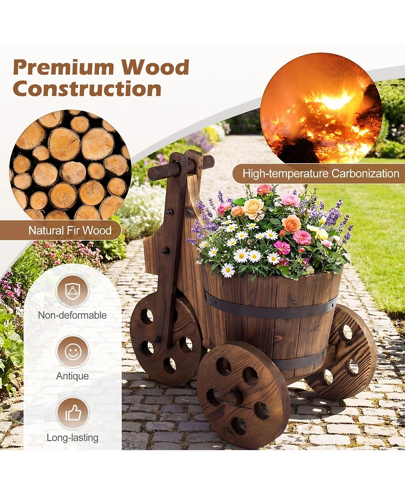 Sugift Rustic Wood Tricycle Planter Cart with Drainage Hole