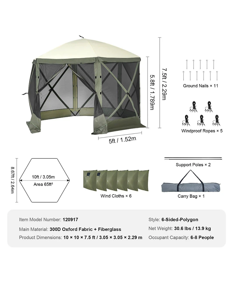 Mecale 10x10 Ft Pop Up Gazebo Tent 6-Sided with Mosquito Netting