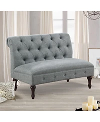 Boyel Living Classic Button-Tufted Linen Loveseat with Vintage Wood Legs and Plush Cushioning