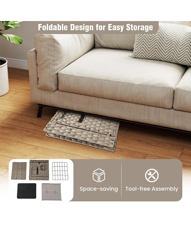 Cozito Cat Litter Box Enclosure Foldable 2-Tier Rattan with Mat