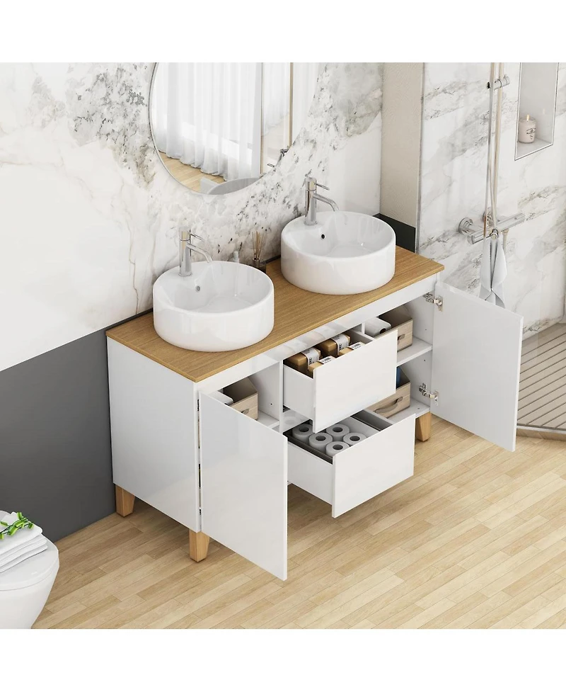 Sillysis Double Bathroom Vanity with Solid Wood Top, Round Ceramic Sinks, Glossy Cabinet, Soft-Close Storage for Large Spaces