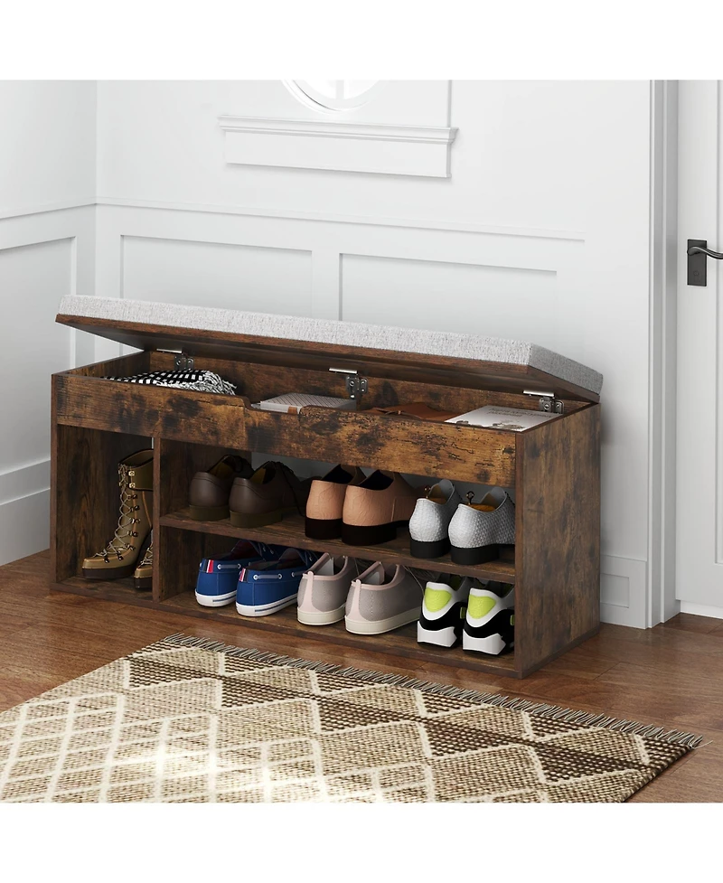 Gouun Padded Shoe Bench with Hidden Storage and 3 Open Shelves