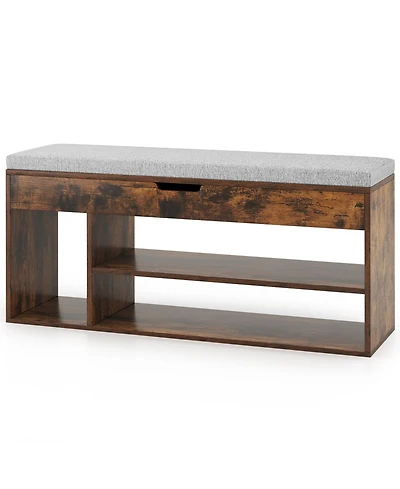 Gouun Padded Shoe Bench with Hidden Storage and 3 Open Shelves