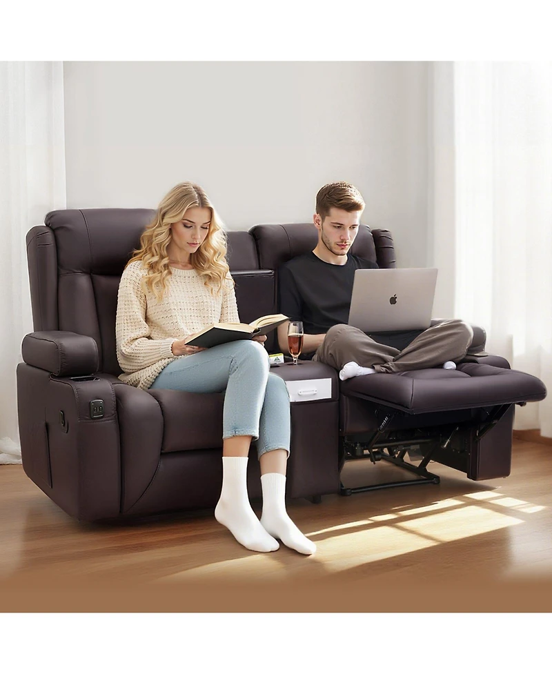 Gouun Faux Leather Manual Reclining Loveseat with Center Console, Usb and Cup Holders