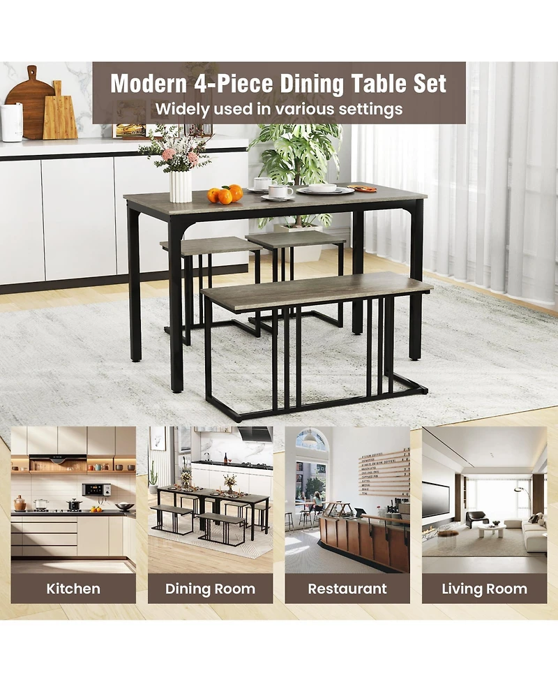 Sugift 4 Pieces Space-Saving Dining Table Set with Bench and 2 Stools-Oak
