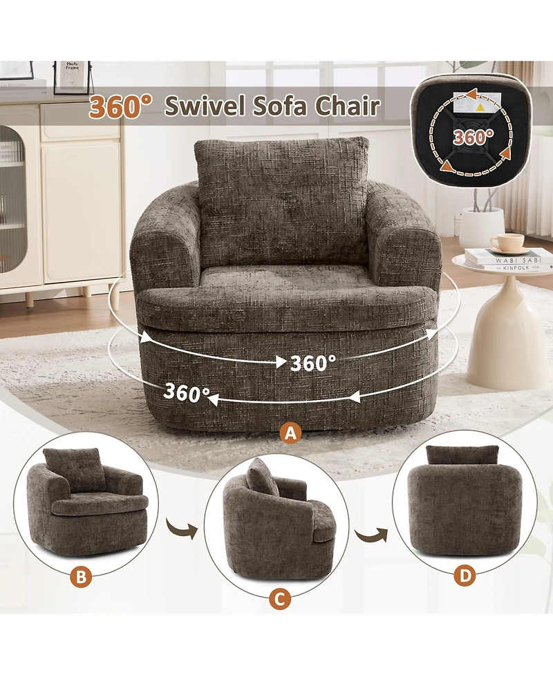 Rainsken Chenille Fabric 360degree(s) Swivel Round Chair, 36.6" Accent Barrel Sofa Chair with Dual-Layer Cushion for Living Room