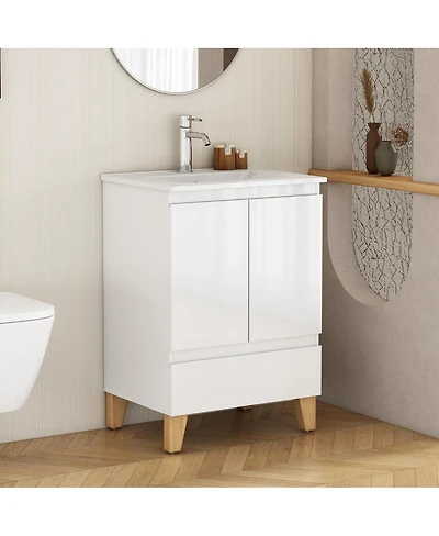 Sillysis Inch Bathroom Vanity with Sink, Glossy Storage Cabinet, Soft Close Drawer