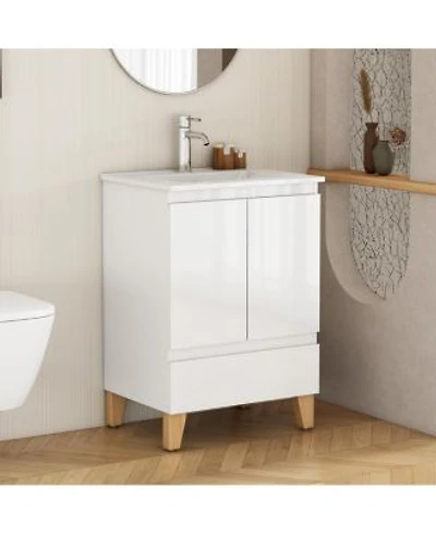 Sillysis Inch Bathroom Vanity With Sink Glossy Storage Cabinet Soft Close Drawer Solid Wood Legs For Modern Bathrooms