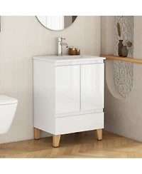 Sillysis Inch Bathroom Vanity With Sink Glossy Storage Cabinet Soft Close Drawer Solid Wood Legs For Modern Bathrooms