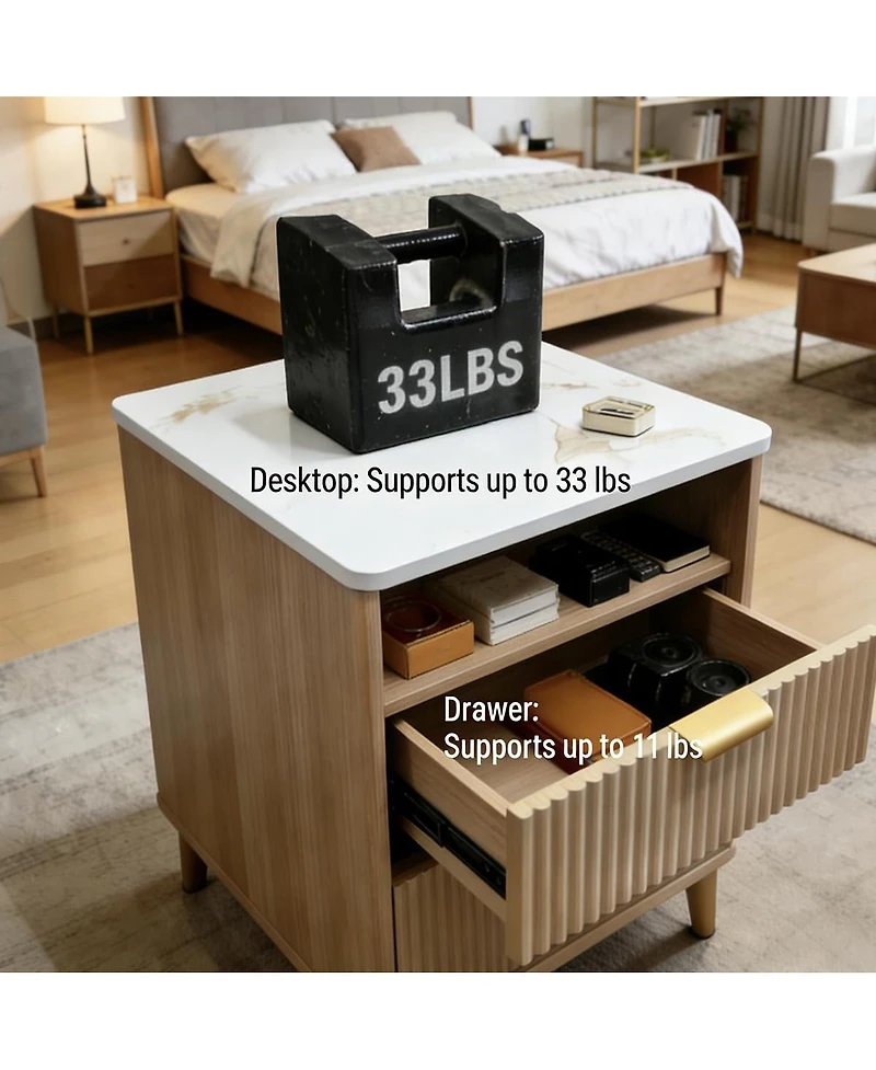 gaomon 18" Small Nightstand for Bedroom, 2 Drawer Bedside Table, Faux Marble Top, Curved Oak Finish