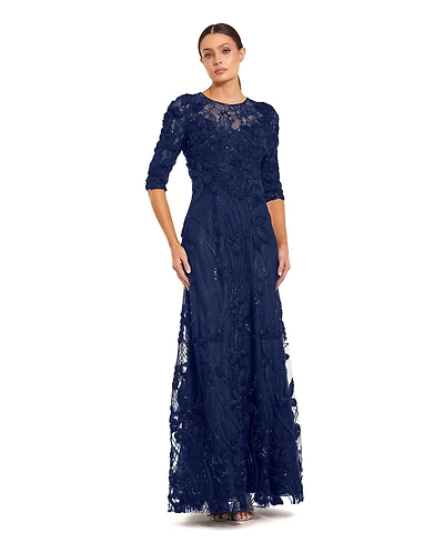 Mac Duggal Women's High Neck Embellished Lace Gown with 3/4 Sleeves