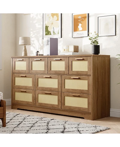 gaomon Modern Farmhouse 10 Drawer Rattan Dresser Storage Chest with Metal Handles.