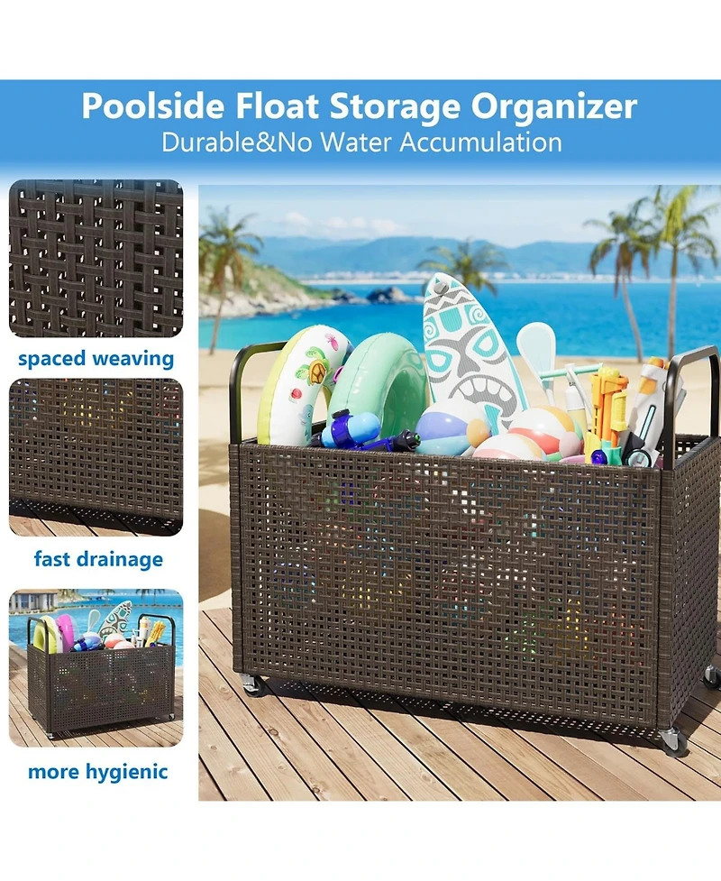 gaomon Poolside Rattan Storage Organizer, Pool Float Storage Holder with Mesh Rolling for Pool Noodles, Toys, Floats, Balls, Outdoor Storage Bin