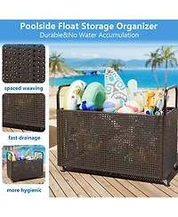 gaomon Poolside Rattan Storage Organizer, Pool Float Storage Holder with Mesh Rolling for Pool Noodles, Toys, Floats, Balls, Outdoor Storage Bin