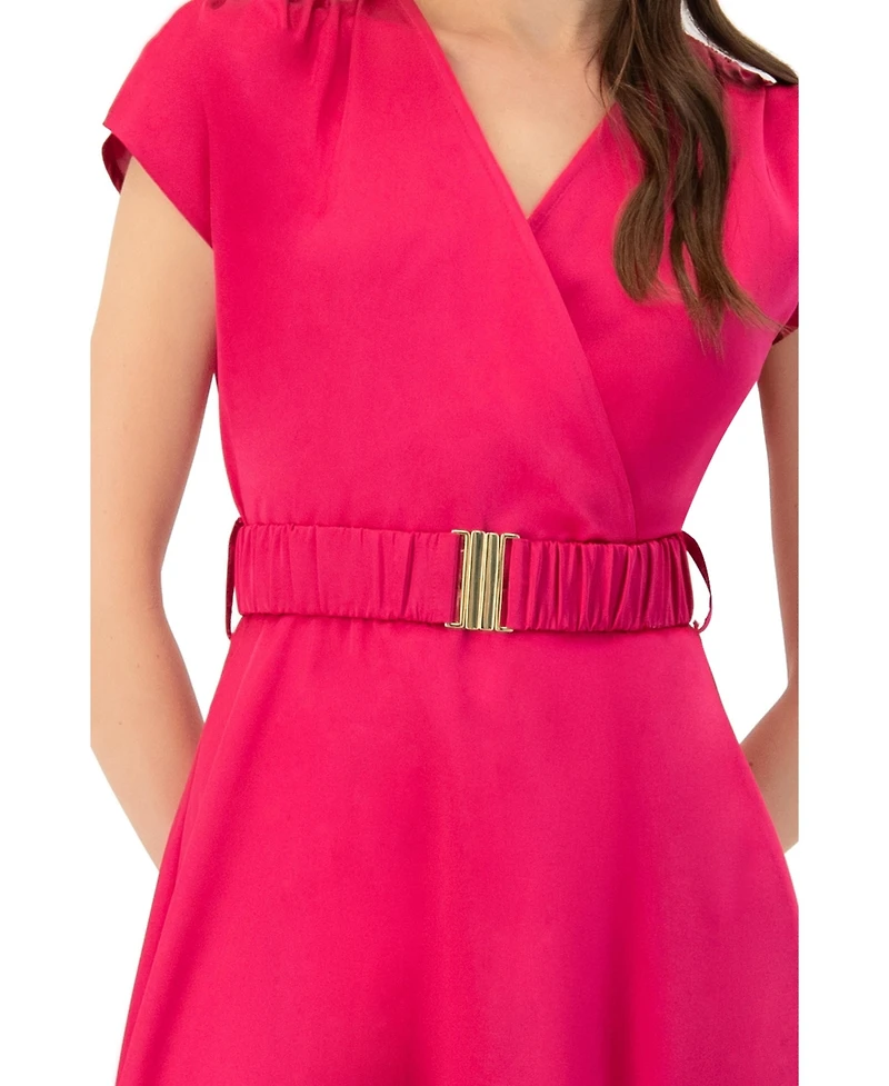 Ivonne Women's Sleeveless Midi Satin Dress with Belt