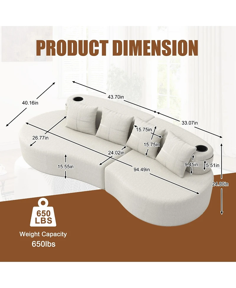 Rainsken Modern Curved Modular Sectional Sofa, 3-Seater Half Moon Couch with Chenille Fabric, 2 Cup Holder and Side Pockets for Living Room