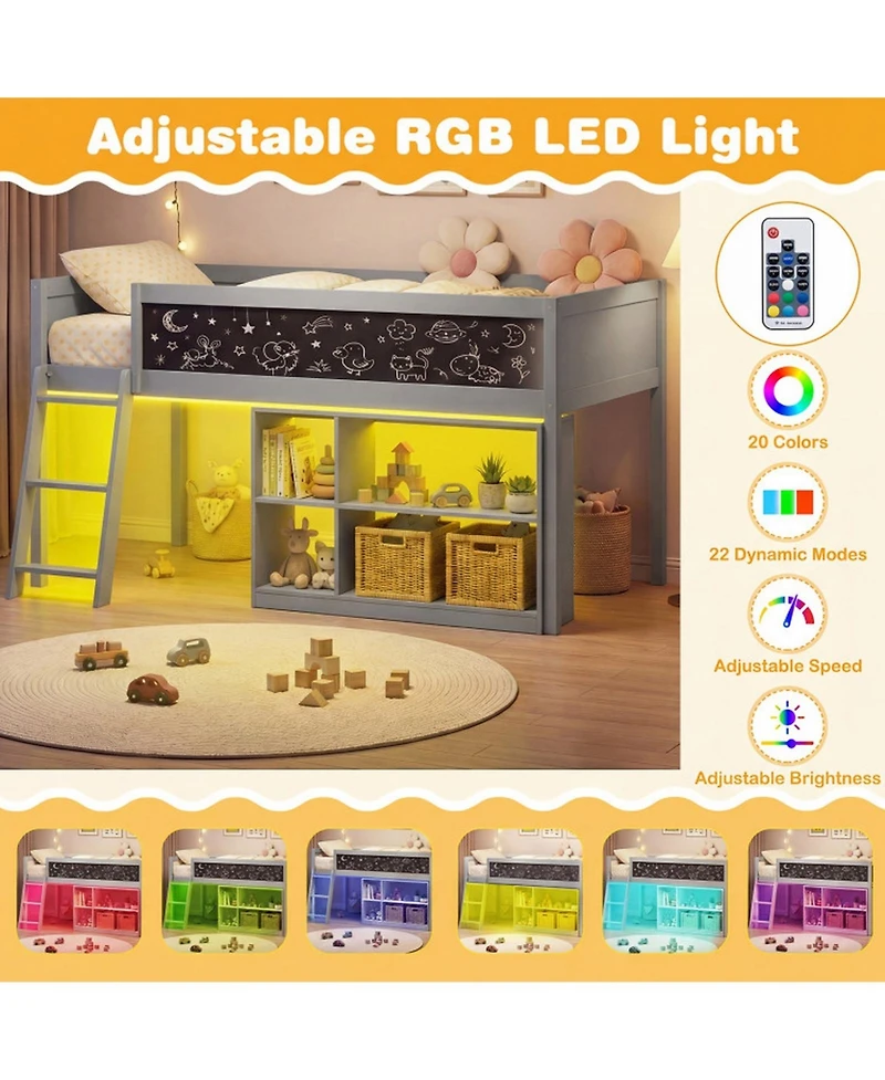 Gouun Twin Size Loft Bed with Led Lights and Storage Shelves