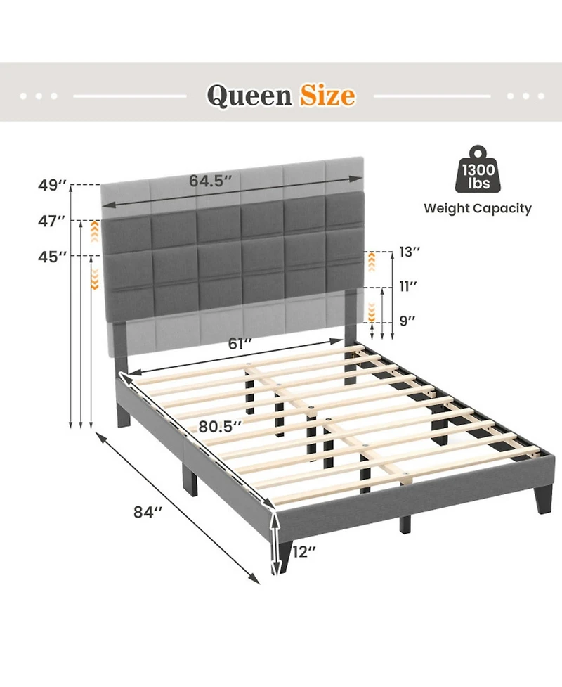 Gouun Rubberwood Platform Bed Frame with Headboard and Adjustable Headboard